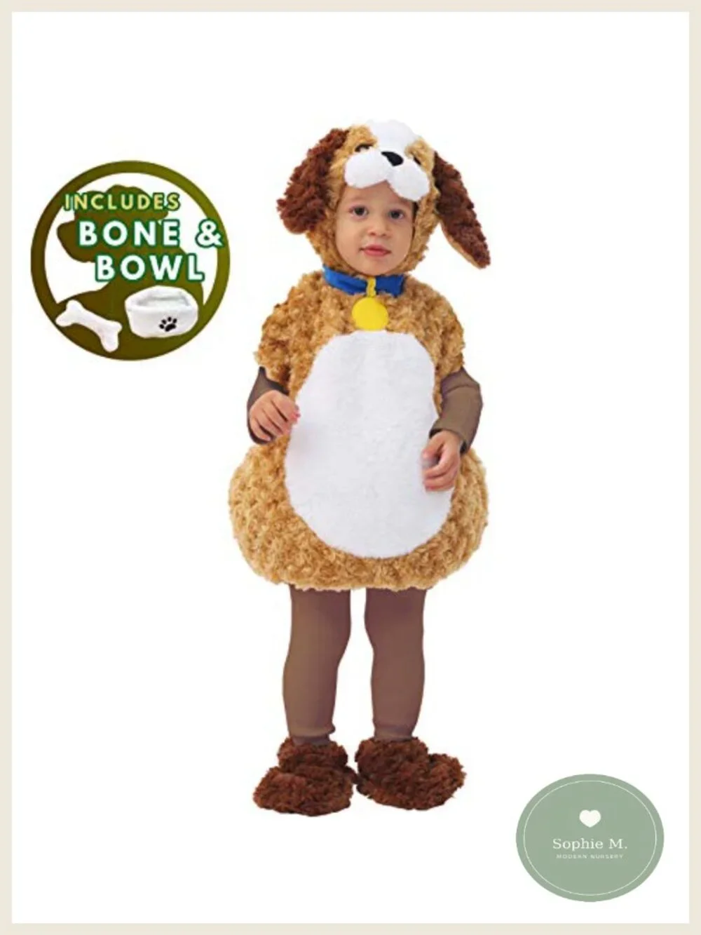 Kids Puppy Dog Halloween Costume with Hood, Booties, Bone & Bowl Plush
